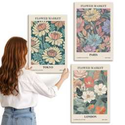Canvas Set Of 3 - Flower Posters Tokyo Paris London, Green Wall Art Print, Plants & Flowers Decor - thumbnail 1