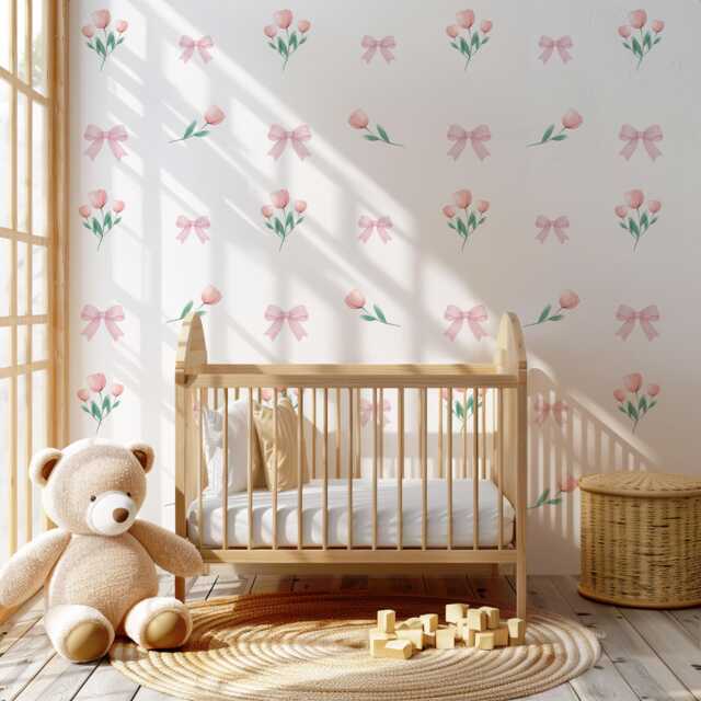 Pink Bow Wall Decals Tulip Nursery Stickers Baby Girl Decor Watercolour Floral Decal Coquette Peel & Stick - image 1