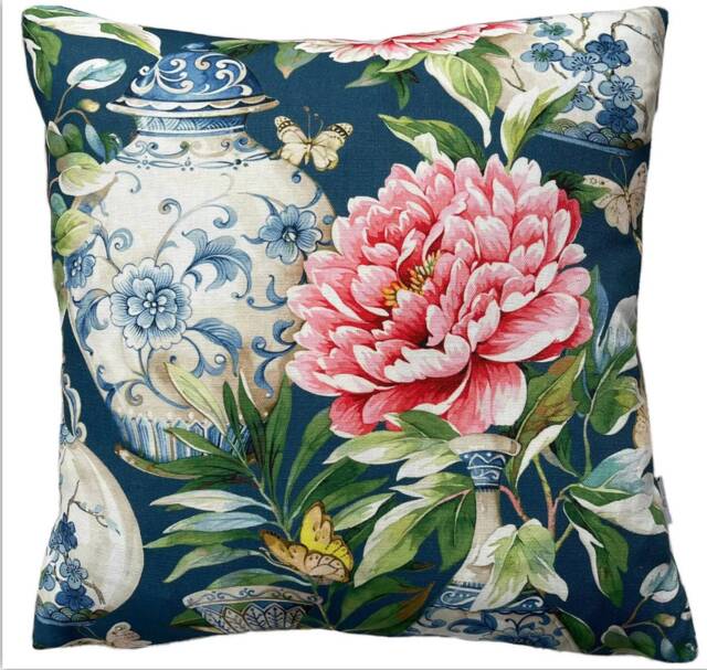 Jardin Blue Cotton Cushion Cover Botanical Floral Asian Vase Teal Pink - image 1