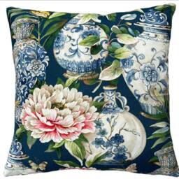 Jardin Blue Cotton Cushion Cover Botanical Floral Asian Vase Teal Pink - thumbnail 3