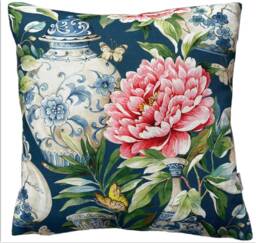 Jardin Blue Cotton Cushion Cover Botanical Floral Asian Vase Teal Pink