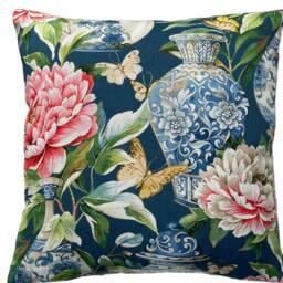 Jardin Blue Cotton Cushion Cover Botanical Floral Asian Vase Teal Pink - thumbnail 2