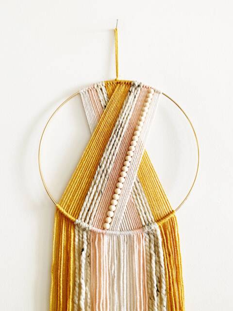 Beaded Yarn Hoop Wall Hanging Mustard & Pink Nursery Decor - image 1