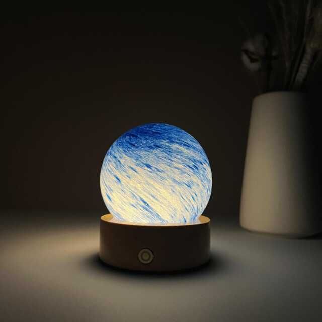 Custom Gradient Blue Planet Lamp, Ocean Wave Glass Sphere Night Light, Sky Swirl Nightlight With Wooden Base - image 1