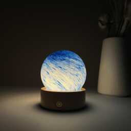 Custom Gradient Blue Planet Lamp, Ocean Wave Glass Sphere Night Light, Sky Swirl Nightlight With Wooden Base
