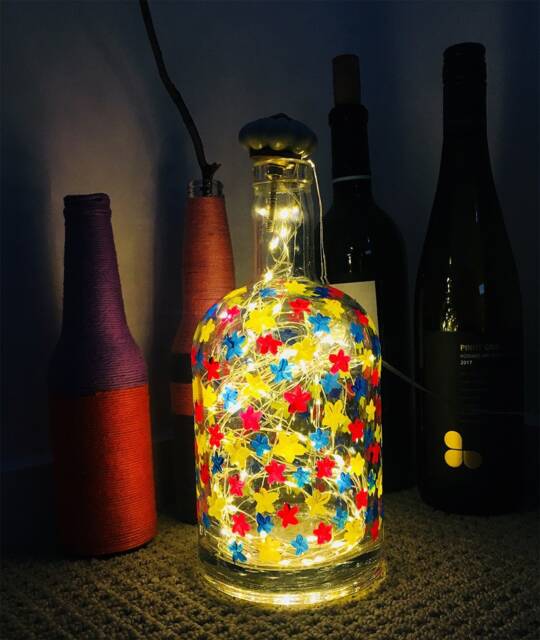 Lamp , Recycled Bottles, Hand Painted, Fairy Lights, Decorated Side Table Lamps, Battery Lights