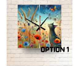 Happy Cat Meadow Glass Wall Clock Colorful Feline Art - thumbnail 1