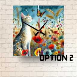 Happy Cat Meadow Glass Wall Clock Colorful Feline Art - thumbnail 2