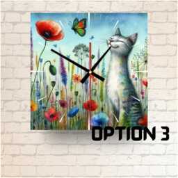 Happy Cat Meadow Glass Wall Clock Colorful Feline Art - thumbnail 3