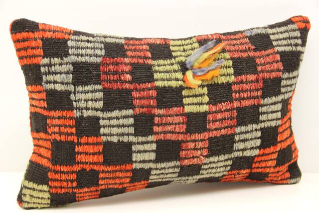 Turkish Kilim Lumbar Pillow Cover 12x20, Wool & Cotton - image 1
