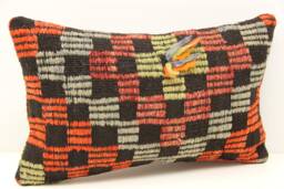 Turkish Kilim Lumbar Pillow Cover 12x20, Wool & Cotton - thumbnail 1