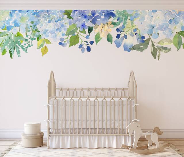 Serenity Pond Floral Wall Mural Blue Mint Lavender Peonies Blooms Wall-To-Wall Decal Watercolor Flowers Blossoms Vinyl Fabric Decals - image 1