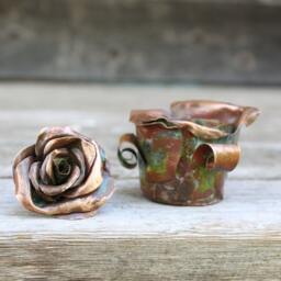 Copper Rose Bud Dish Handmade Metal Sculpture, Jewelry Holder, Ash Tray - thumbnail 2