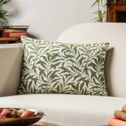 Willow Branch Tapestry Boudoir Cushion in Green. William Morris Style Botanical Leaf Print Sage Green & Beige. 17x12