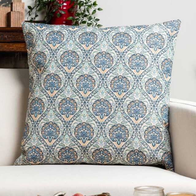 Palace Courtyard Tapestry Extra-Large Cushion in Blue. Floral Medallions & Botanical Vines Green, Yellow-Gold & Cream. 23X23 - image 1