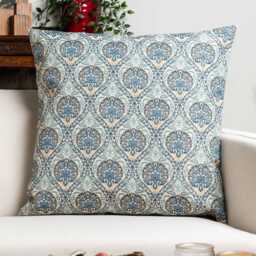 Palace Courtyard Tapestry Extra-Large Cushion in Blue. Floral Medallions & Botanical Vines Green, Yellow-Gold & Cream. 23X23