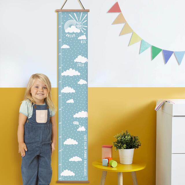 Personalised Dream Big Cloud Blue Canvas Height Chart, Kid's Growth Chart, Cloud Wall Hanging, Yellow, Pink Or Grey, in Feet, Inches & cms - image 1