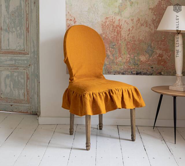 Linen Chair Slip Cover With Ruffle -French Brasserie Oval Chair Natural Linen Seat Cushion - Romantic- Protection - image 1