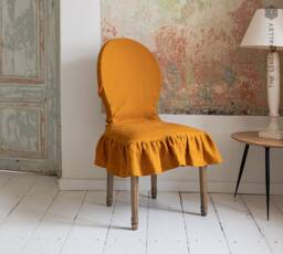 Linen Chair Slip Cover With Ruffle - French Brasserie Oval Natural Flax Seat Cushion Stonewashed Linen- Protection