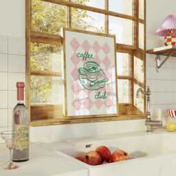 Coffee Club Kitchen Pink & Green Checkered Print , Retro Print, Funky Girly Checked , Gift For Lover - thumbnail 2