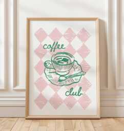 Coffee Club Kitchen Pink & Green Checkered Print , Retro Print, Funky Girly Checked , Gift For Lover - thumbnail 1