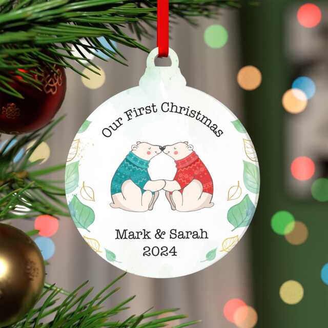 Our First Christmas Together Ornament, Personalised Girlfriend Boyfriend 1st Decoration, Polar Bear Couple, Any Names With Red Bag - image 1