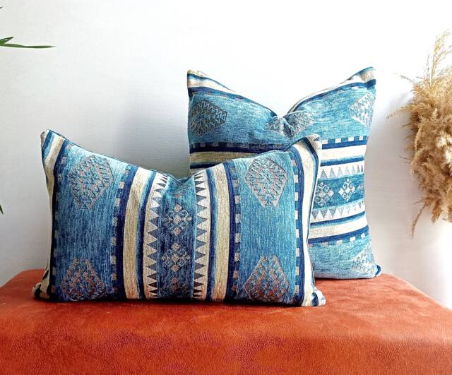 Blue Kilim Lumbar Pillow Cover, Turkish Chenille Throw - image 1