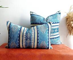 Blue Kilim Lumbar Pillow Cover, Turkish Chenille Throw - thumbnail 1