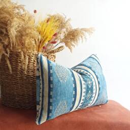 Blue Kilim Lumbar Pillow Cover, Turkish Chenille Throw - thumbnail 3