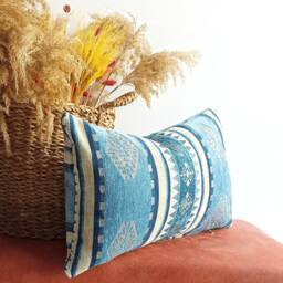 Blue Kilim Lumbar Pillow Cover, Turkish Chenille Throw - thumbnail 4