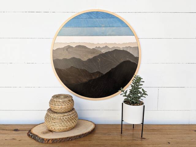 Round Mountain Wood Art - Layered Mountains Wall Art, Living Room Scene - image 1