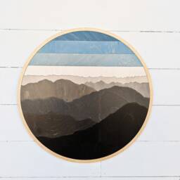 Round Mountain Wood Art - Layered Mountains Wall Art, Living Room Scene - thumbnail 3