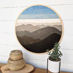 Round Mountain Wood Art - Layered Mountains Wall Art, Living Room Scene - thumbnail 2