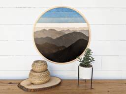 Round Mountain Wood Art - Layered Mountains Wall Art, Living Room Scene - thumbnail 1