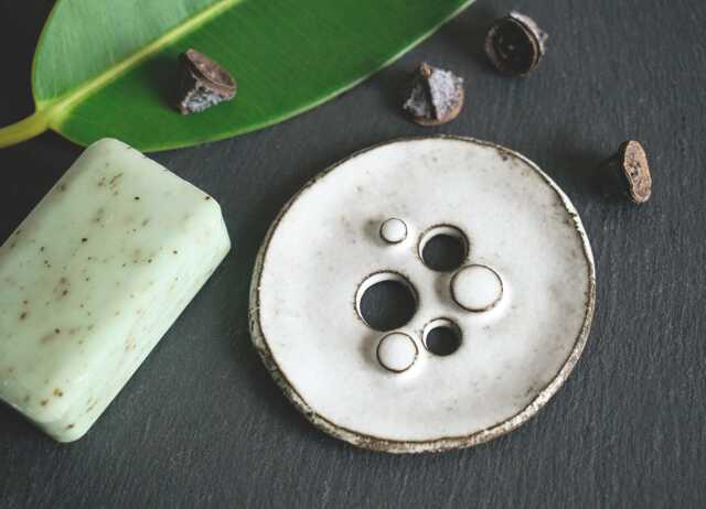Round Soap Dish/Plate With Dots & Drainage Holes, Made Of Black Ceramic, Snow-White Glazed, Handmade - image 1