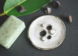 Round Soap Dish/Plate With Dots & Drainage Holes, Made Of Black Ceramic, Snow-White Glazed, Handmade - thumbnail 1