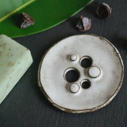Round Soap Dish/Plate With Dots & Drainage Holes, Made Of Black Ceramic, Snow-White Glazed, Handmade - thumbnail 4