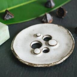 Round Soap Dish/Plate With Dots & Drainage Holes, Made Of Black Ceramic, Snow-White Glazed, Handmade - thumbnail 2