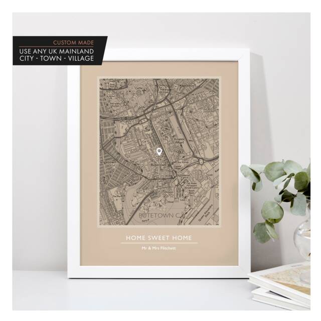 Custom Made Personalised Home UK Map Print Handmade Gift For New Homeowner Any Address Postcode City Town Village - image 1