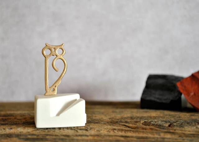 Bronze Owl Miniature Sculpture Handmade Office Desk Card Holder - image 1