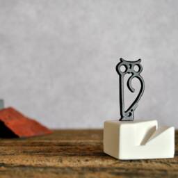 Bronze Owl Miniature Sculpture Handmade Office Desk Card Holder - thumbnail 3