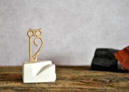 Bronze Owl Miniature Sculpture Handmade Office Desk Card Holder - thumbnail 1