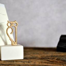 Bronze Owl Miniature Sculpture Handmade Office Desk Card Holder - thumbnail 2