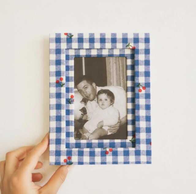 "Handmade Blue Gingham Cherry Fabric Wrapped Photo Frame & Mat - 4"" ?? 6" - image 1