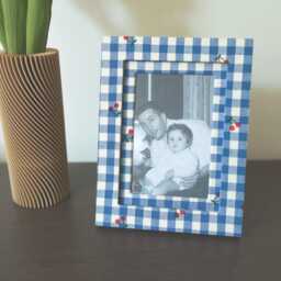 "Handmade Blue Gingham Cherry Fabric Wrapped Photo Frame & Mat - 4"" ?? 6" - thumbnail 2