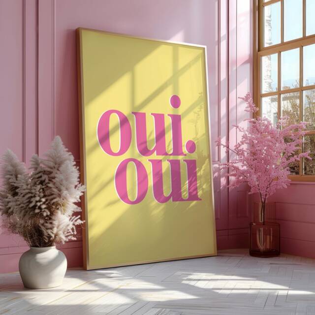 Oui Print, Colourful Wall Decor, Bedroom Eclectic Art Poster, Home Trendy, Groovy 70's Bright Pink Yellow 2729 - image 1