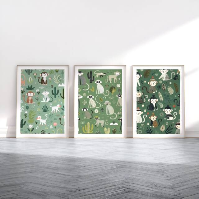 Scandi Monkey Print Set - 3 Scandinavian Style Artwork - Retro Wall Art Scandanavian Design Animal Pattern Decor Nordic Home Poster - image 1