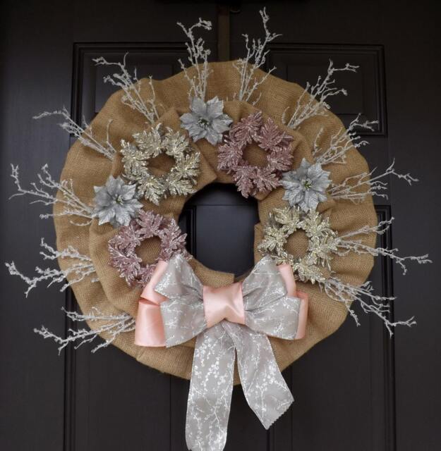 Huge Burlap Christmas Wreath With Pink Silver Snowflakes - Winter Wind/Great Gift Decorations Ornament - image 1