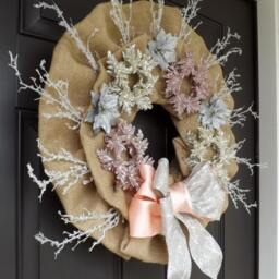 Huge Burlap Christmas Wreath With Pink Silver Snowflakes - Winter Wind/Great Gift Decorations Ornament - thumbnail 2