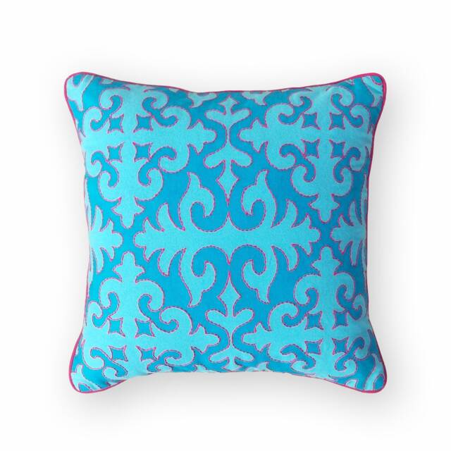 Shyrdak Turquoise Cotton Pillow Cover, Moroccan Print With Piping & Embroidery, 100% - image 1